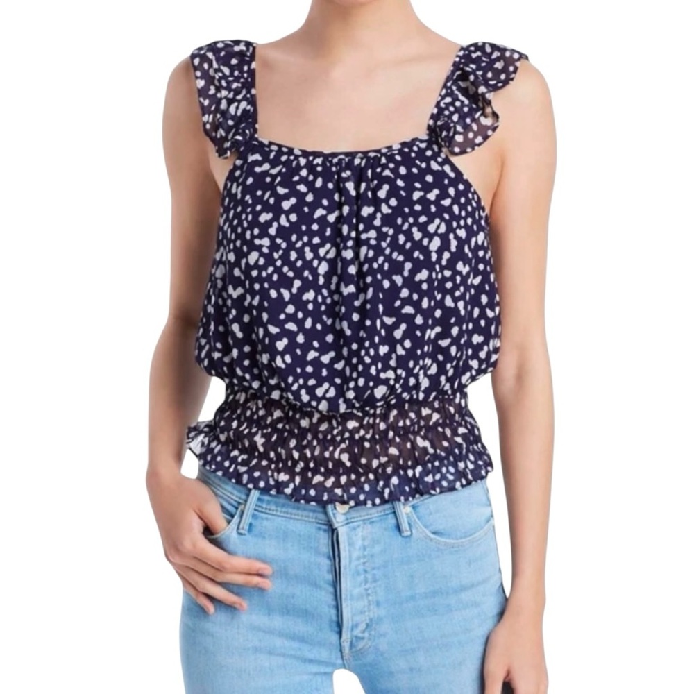 Aqua Navy Polka Dot Ruffle Tank Top Womens Medium Smocked Blouse NWT